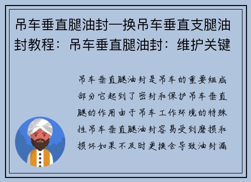 吊车垂直腿油封—换吊车垂直支腿油封教程：吊车垂直腿油封：维护关键，注意检查