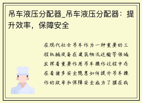 吊车液压分配器_吊车液压分配器：提升效率，保障安全